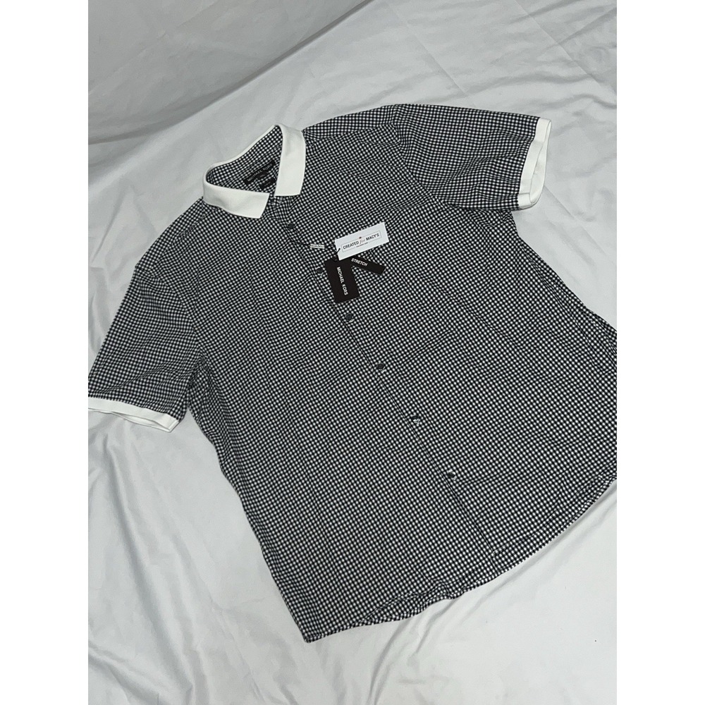 NEW Michael Kors Slim-Fit Gingham Stretch Short-Sleeve Shirt 2XL Black White